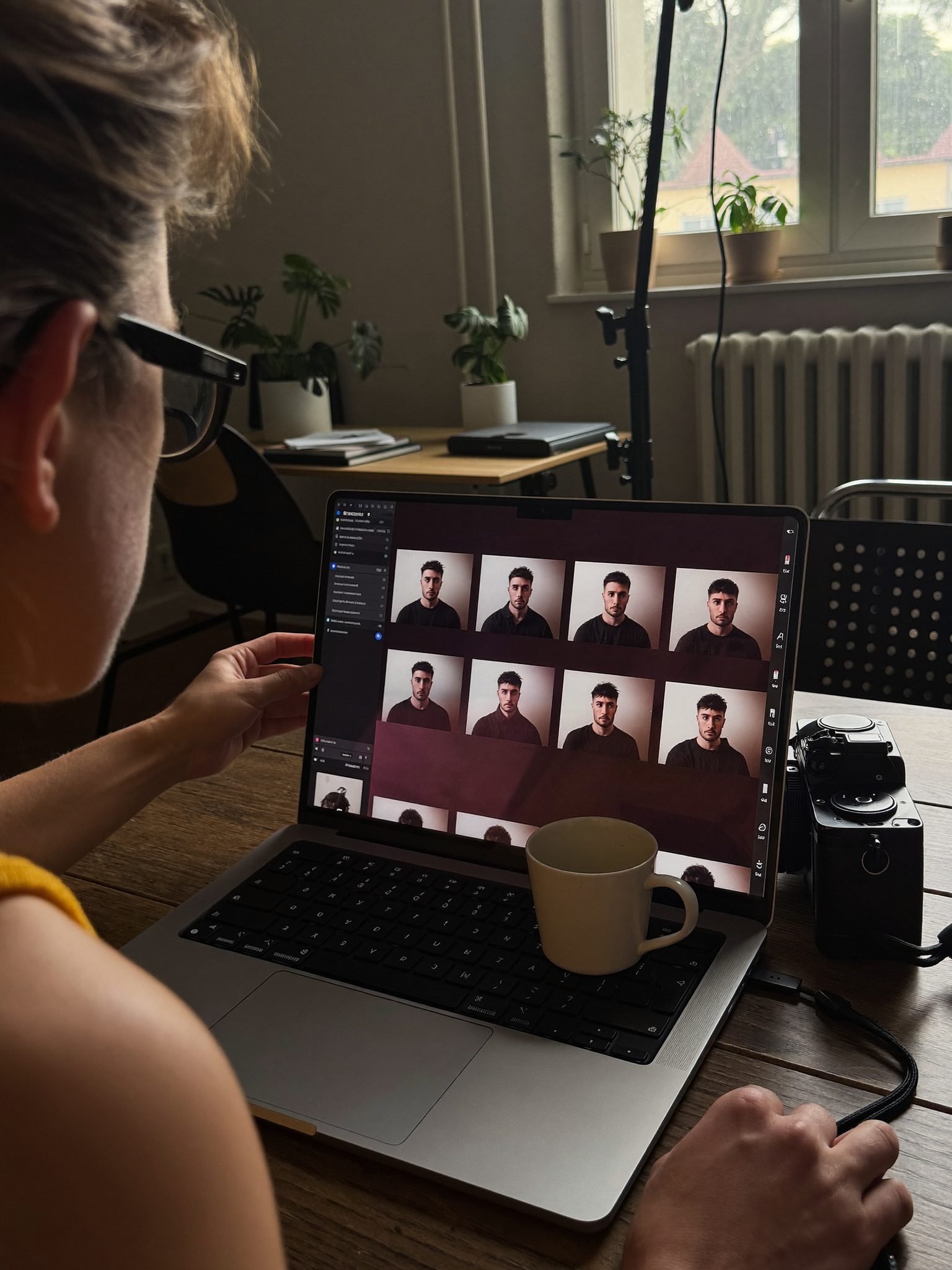 Фотограф просматривает портфолио на ноутбуке