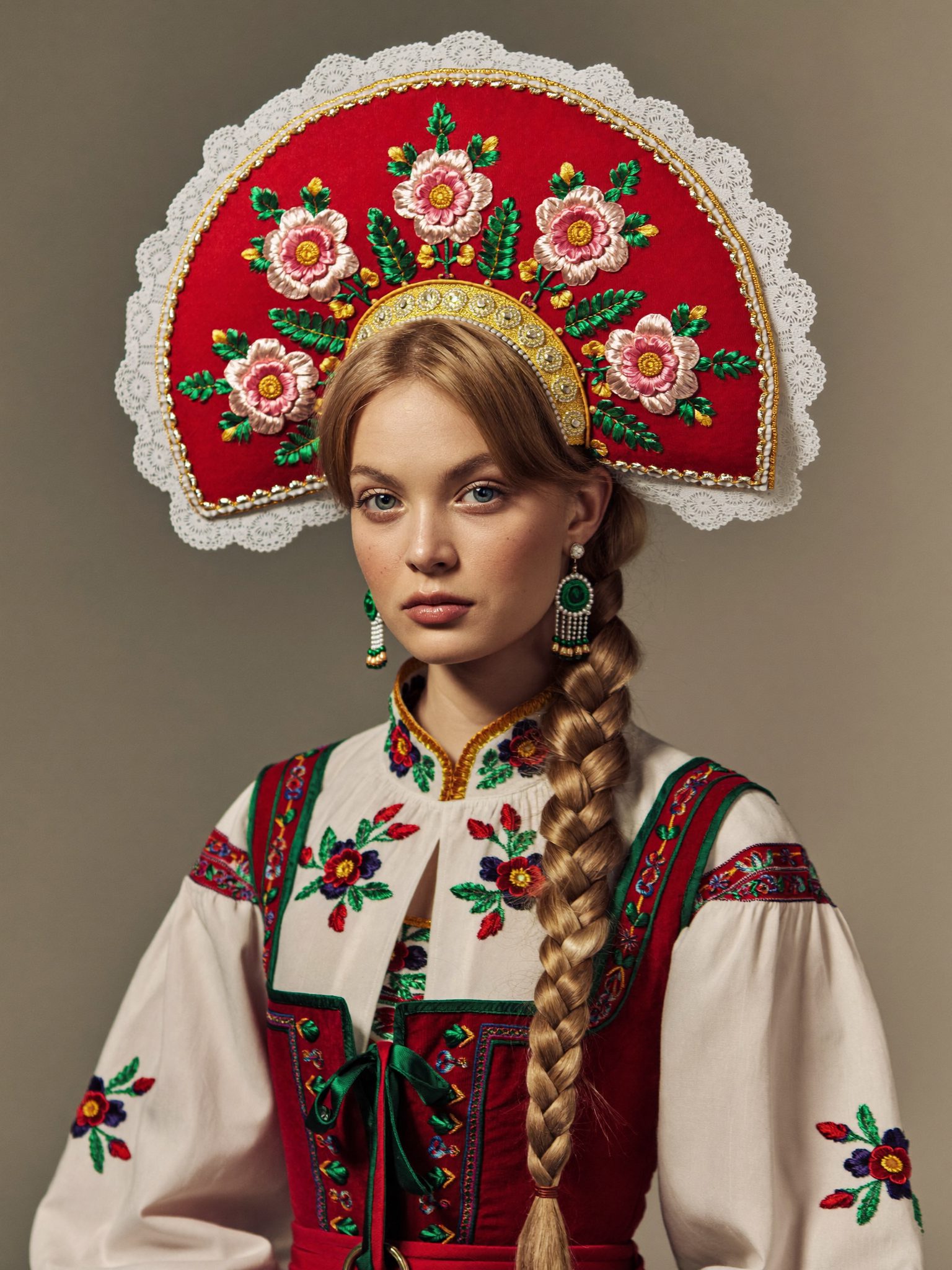 Девушка в кокошнике и сарафане с длинной косой
